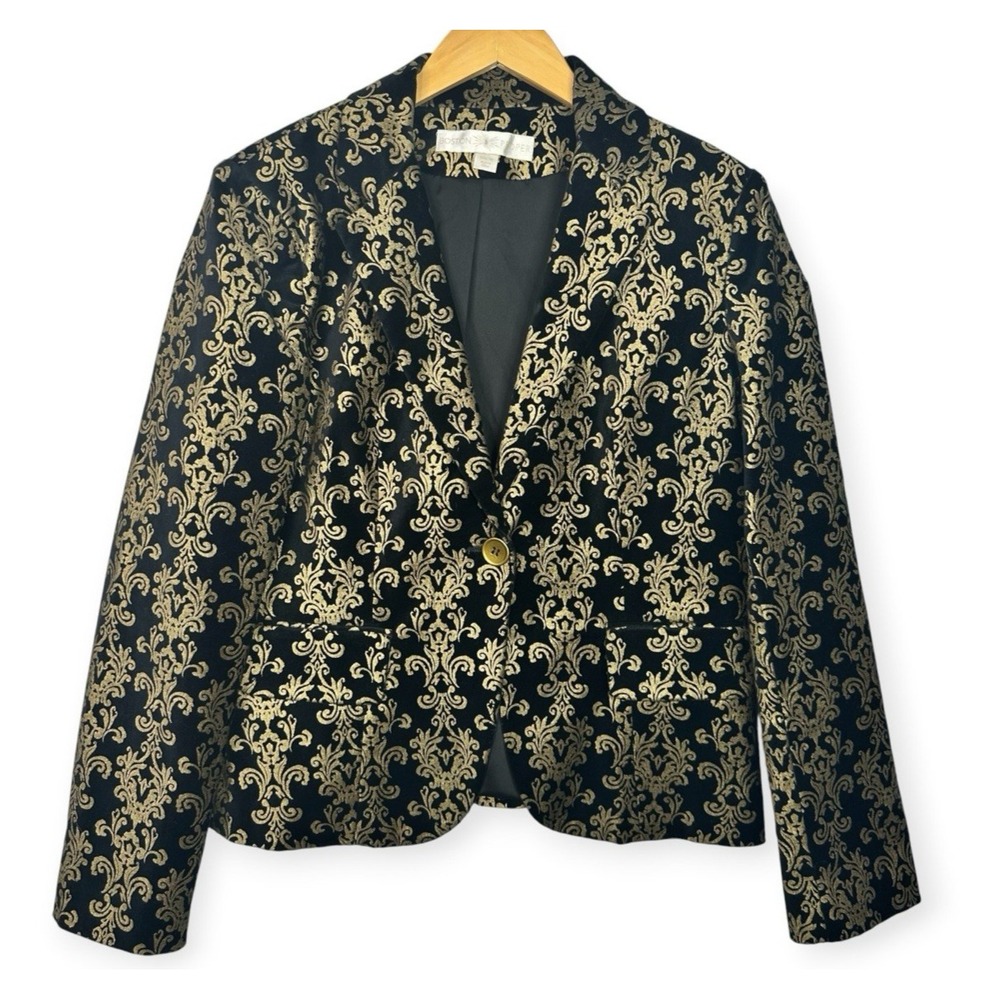 Boston Proper Black Gold Damask Blazer Womens 16 Baroque Brocade Jacket